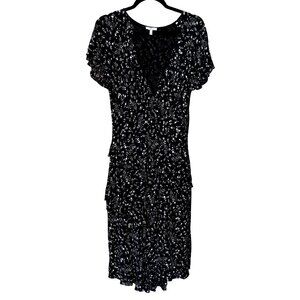 Joie Orita Tiered Faux Wrap Black White Floral Midi Dress 10 Short Sleeve